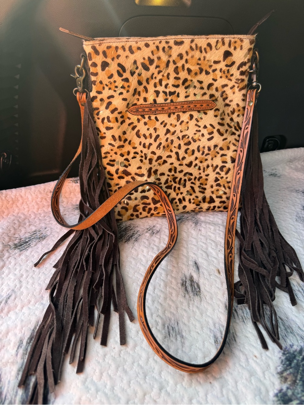 Angel Ranch Leopard Cheetah Print Fringe Concealed crossbody 10 1/2” x 11 1/2
